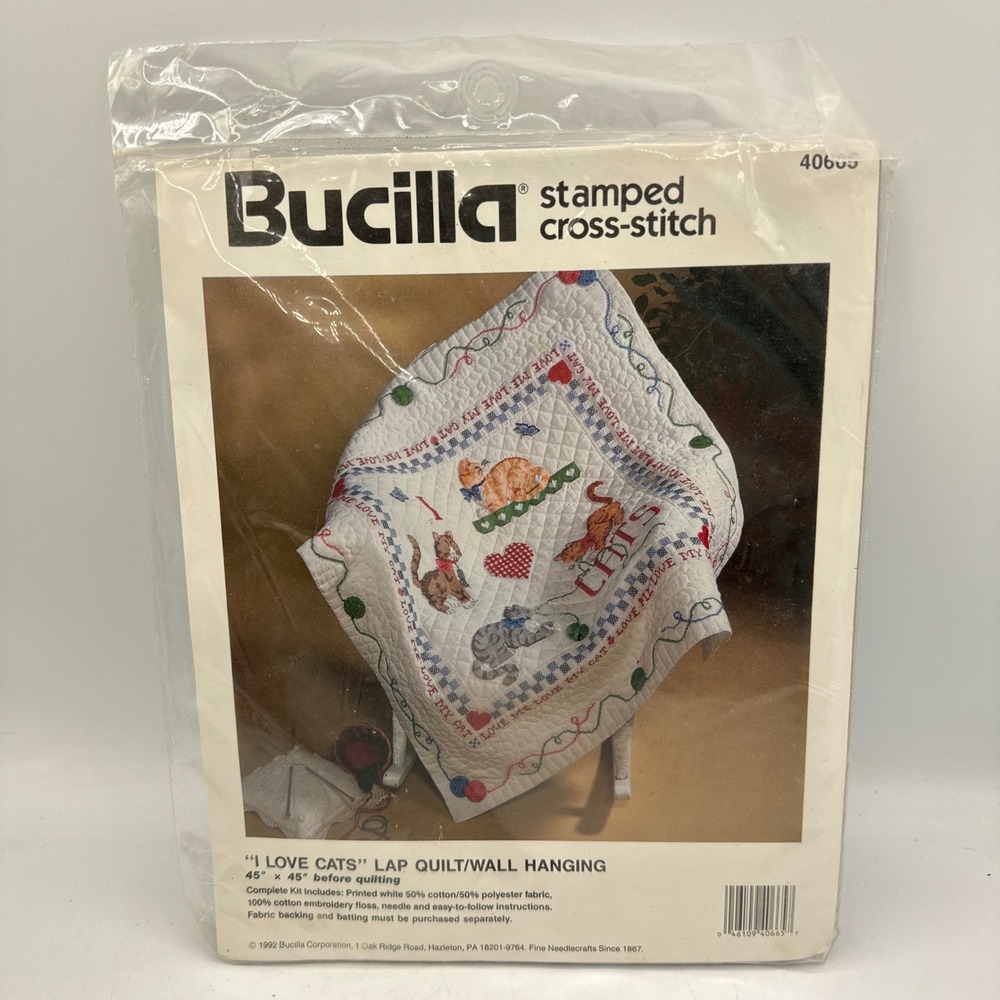 Bucilla Stamped Cross Stitch Kit I Love Cats 45x45 White Vintage 1992 40665